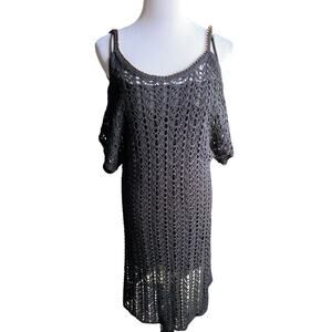 Victoria Secret Black Crochet Dress Swim Cover up M Beaded Cold Shoulder Y2k 90s